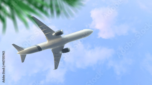 Flight of a passenger airplane in the blue tropical sky. View through palm leaves. 3d visualization.