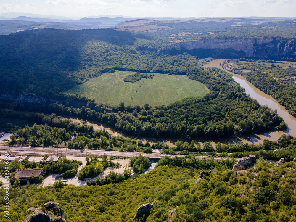 Aerial view of Iskar river, passing near village of Karlukovo, Bulgaria