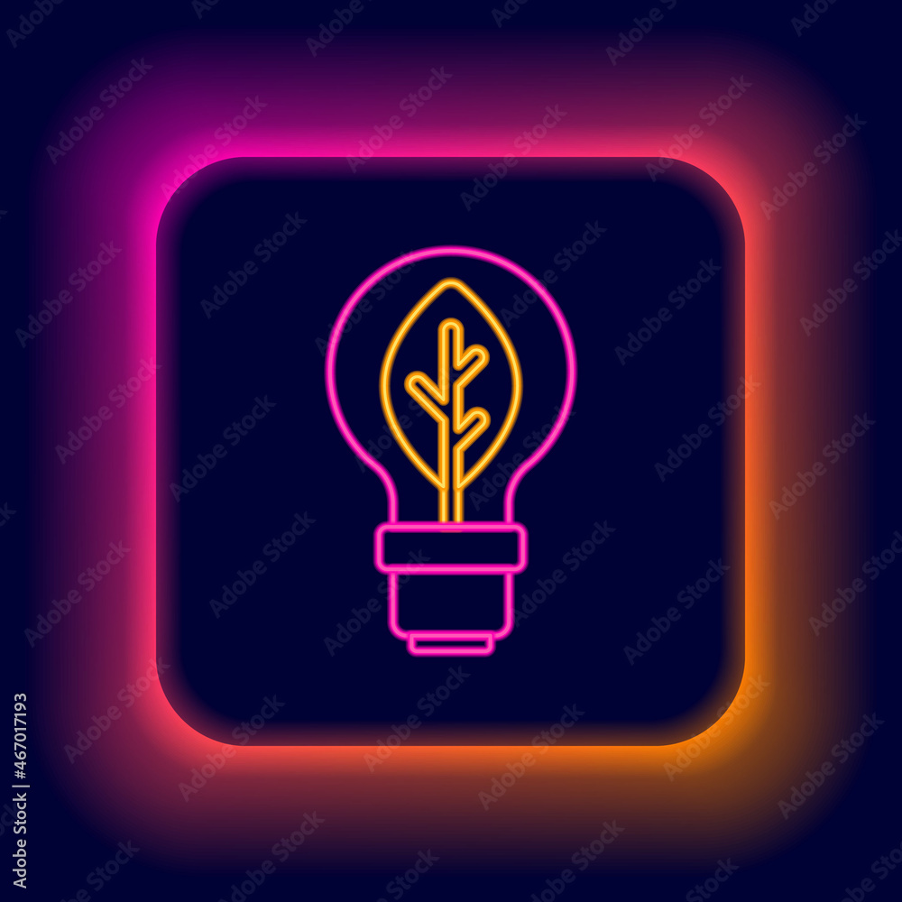 Glowing neon line Light bulb with leaf icon isolated on black background. Eco energy concept. Alternative energy concept. Colorful outline concept. Vector Glowing neon line Light bulb with leaf icon isolated on black background. Eco energy concept. Alternative energy concept. Colorful outline concept. Vector