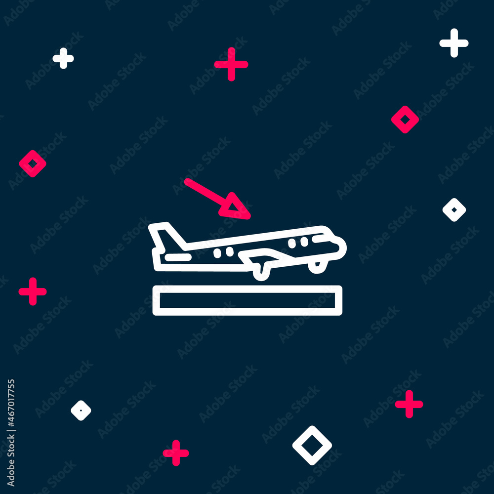 Line Plane landing icon isolated on blue background. Airplane transport symbol. Colorful outline concept. Vector