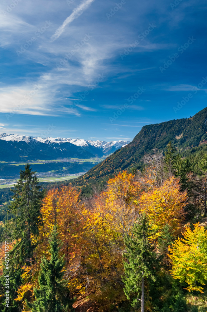 Alpine landscape in Innsbruck, Tyrol, Austria on October 18, 2012. Trees and mountains.