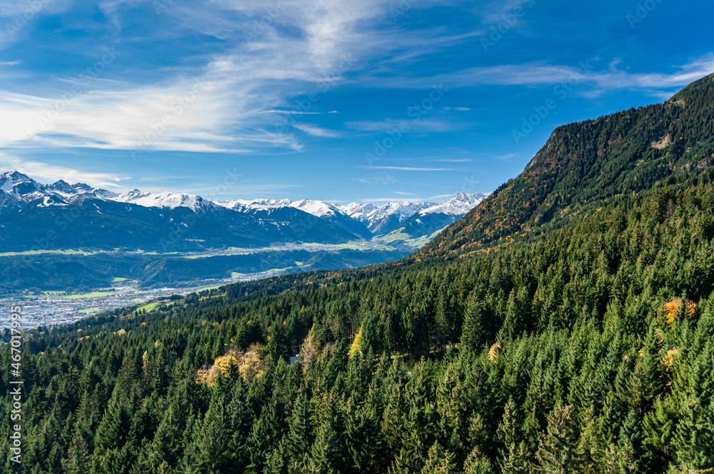 Alpine landscape in Innsbruck, Tyrol, Austria on October 18, 2012. Trees and mountains.