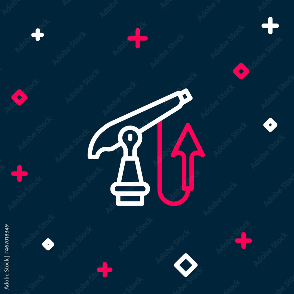 Line Fishing harpoon icon isolated on blue background. Fishery manufacturers for catching fish under water. Diving underwater equipment. Colorful outline concept. Vector