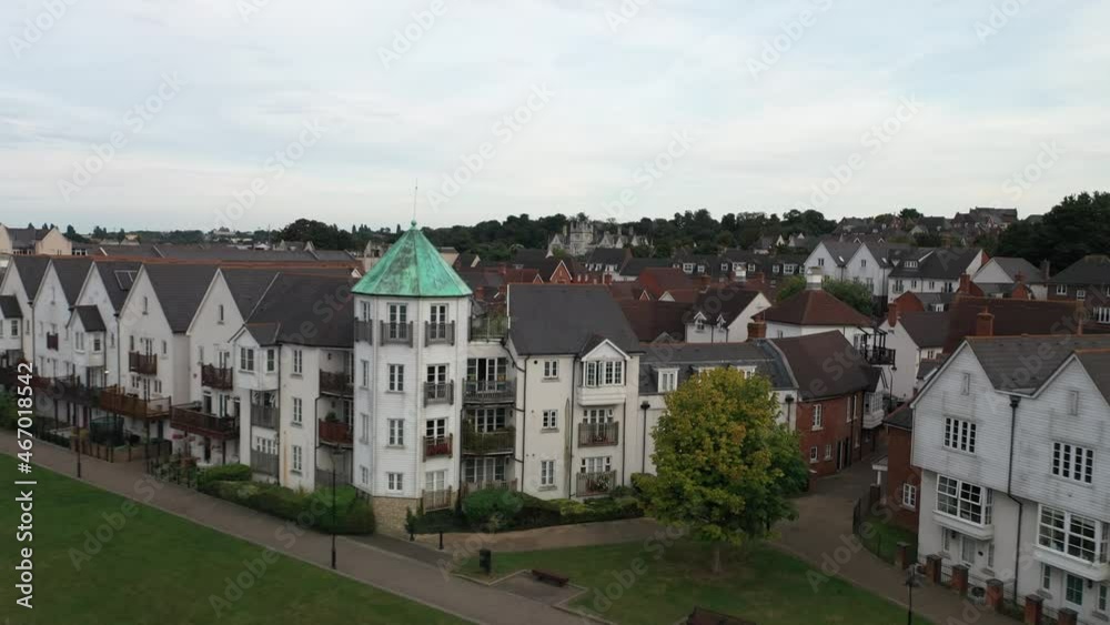 Park And Buildings In Residential District, Walkway On Waterfront Park And Buildings In Residential District, Walkway On Waterfront