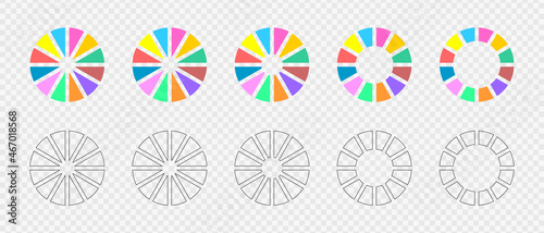 Donut charts set. Infographic wheels divided in 12 multicolored and graphic sections. Circle diagrams or loading bars. Round shapes cut in twelve equal parts. Vector flat and outline illustration.