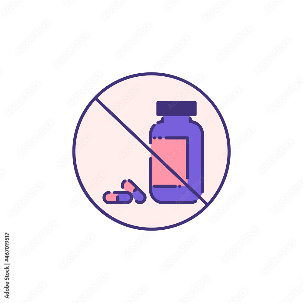 pills are prohibited single flat line icon isolated on white. Perfect outline symbol Prevention Coronavirus Covid 19 pandemic banner. flat design warning without medicine drugs free pills are prohibited single flat line icon isolated on white. Perfect outline symbol Prevention Coronavirus Covid 19 pandemic banner. flat design warning without medicine drugs free