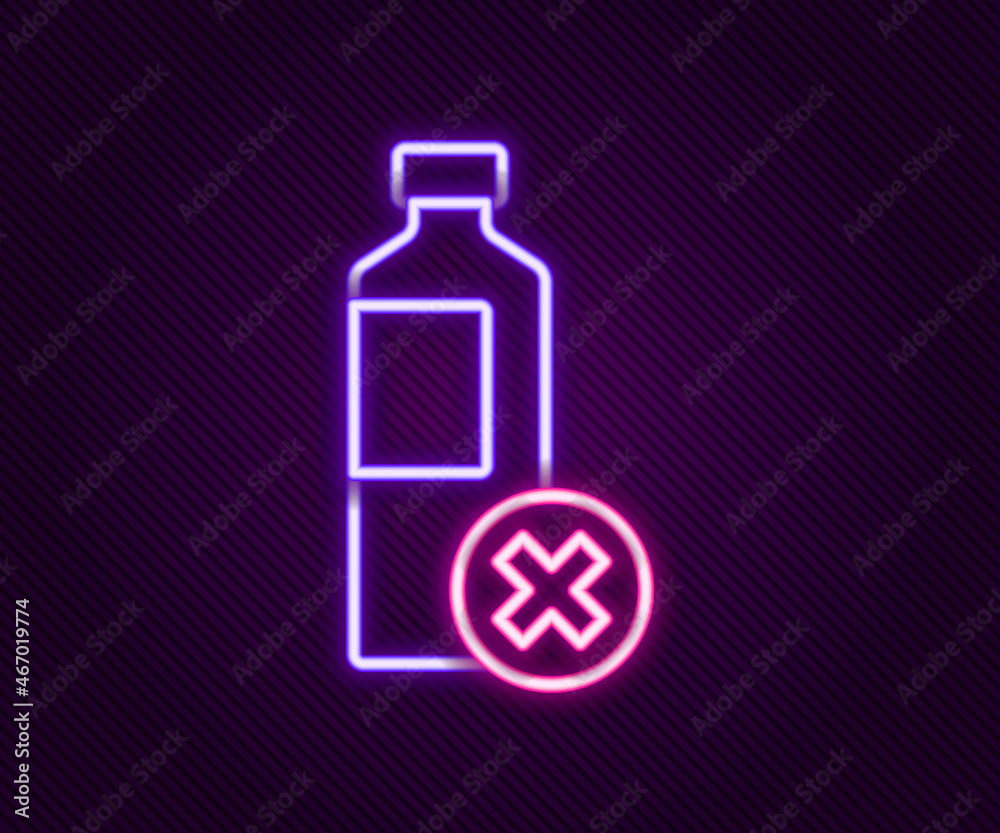 Glowing neon line No water bottle icon isolated on black background. No plastic bottle. Water bottle ban sign. Colorful outline concept. Vector Glowing neon line No water bottle icon isolated on black background. No plastic bottle. Water bottle ban sign. Colorful outline concept. Vector