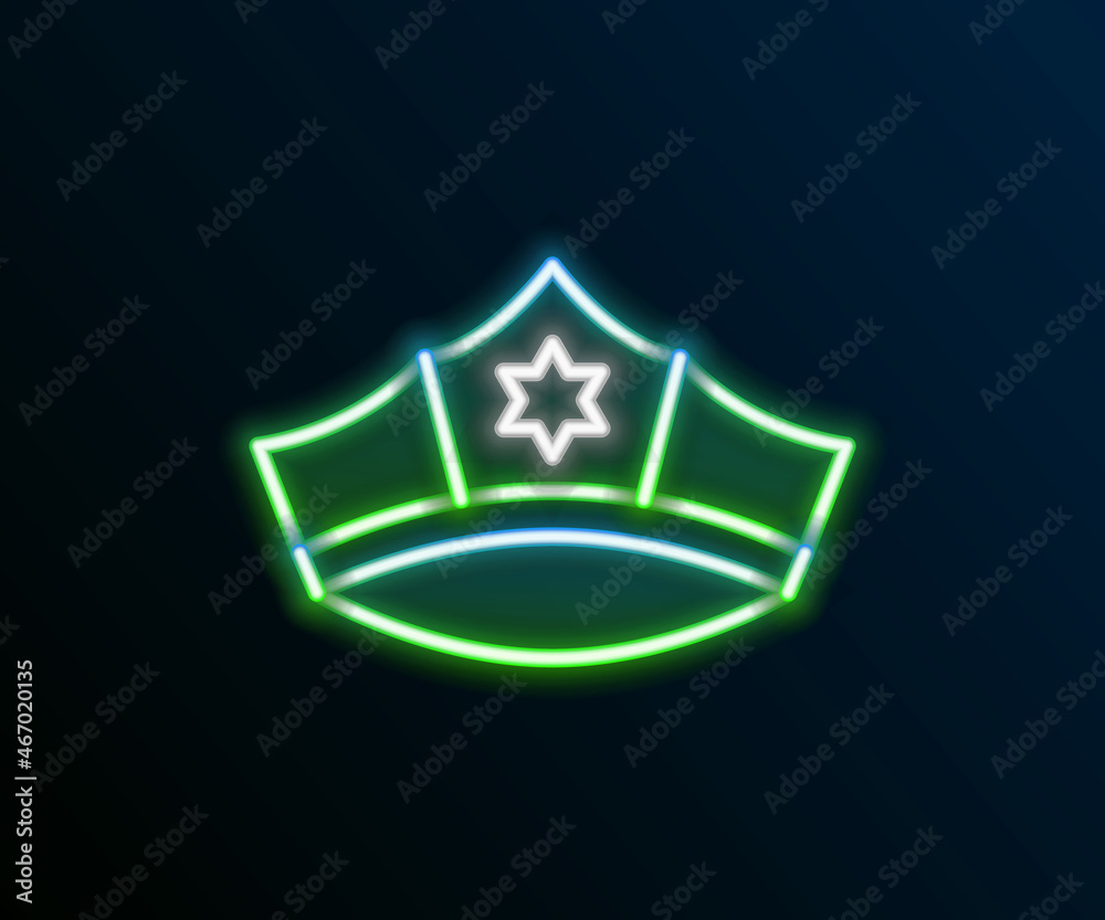 Glowing neon line Police cap with cockade icon isolated on black background. Police hat sign. Colorful outline concept. Vector Glowing neon line Police cap with cockade icon isolated on black background. Police hat sign. Colorful outline concept. Vector