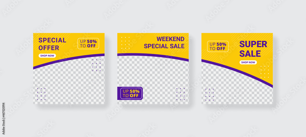 Set of Editable minimal square banner template. purple and yellow background color with stripe line shape. Suitable for social media post and web internet ads. Vector illustration with photo college Set of Editable minimal square banner template. purple and yellow background color with stripe line shape. Suitable for social media post and web internet ads. Vector illustration with photo college