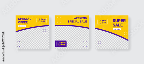Set of Editable minimal square banner template. purple and yellow background color with stripe line shape. Suitable for social media post and web internet ads. Vector illustration with photo college