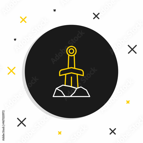 Line Sword in the stone icon isolated on white background. Excalibur the sword in the stone from the Arthurian legends. Colorful outline concept. Vector