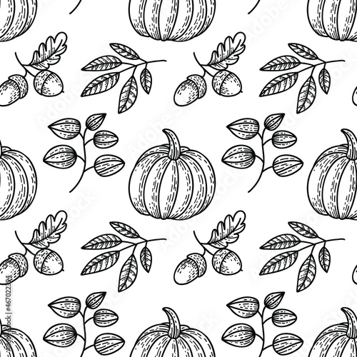 Hand drawn vector outline seamless pattern. Pumpkins, leaves, autumn black ornament on white background