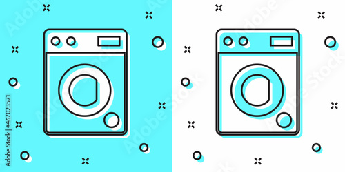 Black line Washer icon isolated on green and white background. Washing machine icon. Clothes washer - laundry machine. Home appliance symbol. Random dynamic shapes. Vector