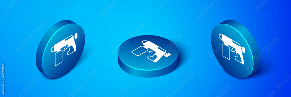 Isometric Paint spray gun icon isolated on blue background. Blue circle button. Vector Isometric Paint spray gun icon isolated on blue background. Blue circle button. Vector