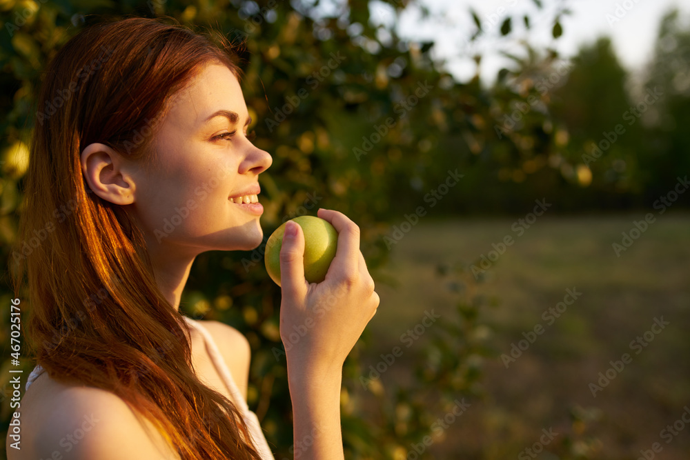cheerful woman outdoors near apple tree fresh air fruits cheerful woman outdoors near apple tree fresh air fruits