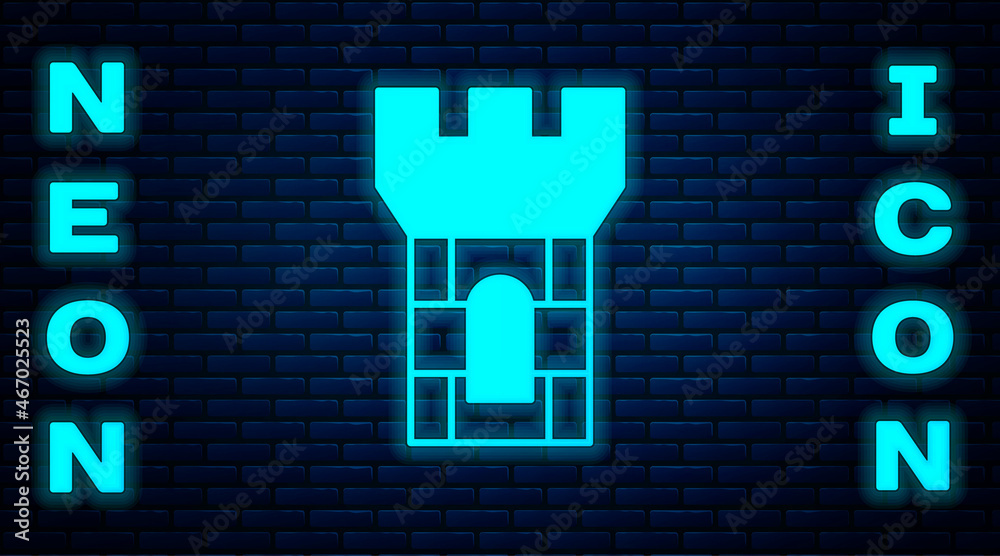 Glowing neon Castle tower icon isolated on brick wall background. Fortress sign. Vector Glowing neon Castle tower icon isolated on brick wall background. Fortress sign. Vector