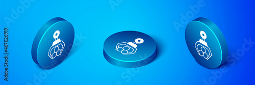 Isometric Grapple crane grabbed a log icon isolated on blue background. Forest industry. Industrial crane for lumber trunk wood production. Blue circle button. Vector