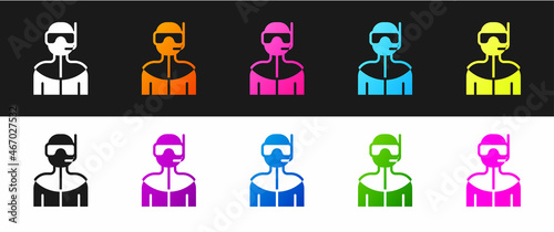 Set Wetsuit for scuba diving icon isolated on black and white background. Diving underwater equipment. Vector