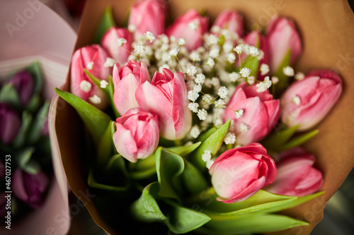 Gorgeous bouquet of tulips. Beautiful spring flowers. Gift for a girl photo