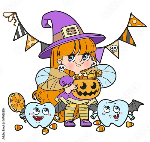 Tooth fairy in a witch costume and teeth in a vampire costume  trick-or-treat color variation for coloring page on a white background