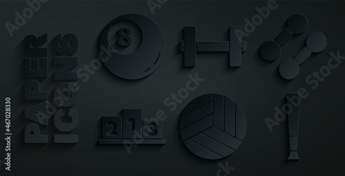 Set Volleyball ball, Dumbbell, Award over sports winner podium, Baseball bat, and Billiard pool snooker icon. Vector