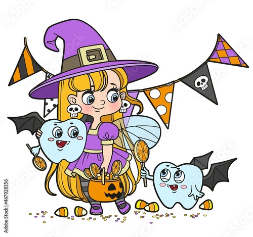 Tooth fairy in a witch costume and teeth in a vampire costume with candies trick-or-treat color variation for coloring page on white background
