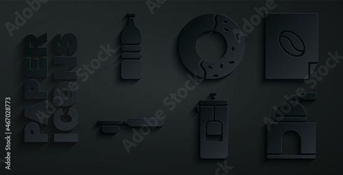 Set French press, Coffee poster, filter holder, Manual coffee grinder, Donut with sweet glaze and Bottle water icon. Vector