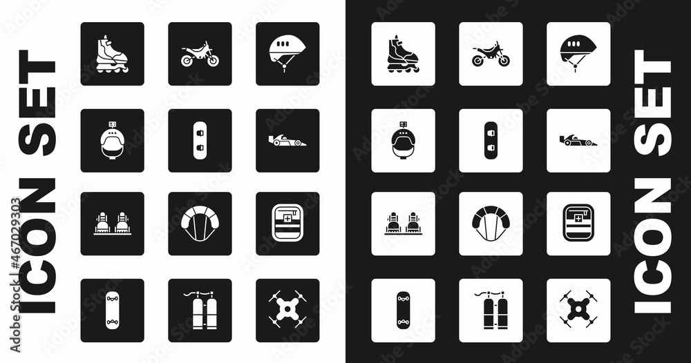 Set Bicycle helmet, Snowboard, Helmet and action camera, Roller skate, Formula 1 racing car, Mountain bike, First aid kit and icon. Vector