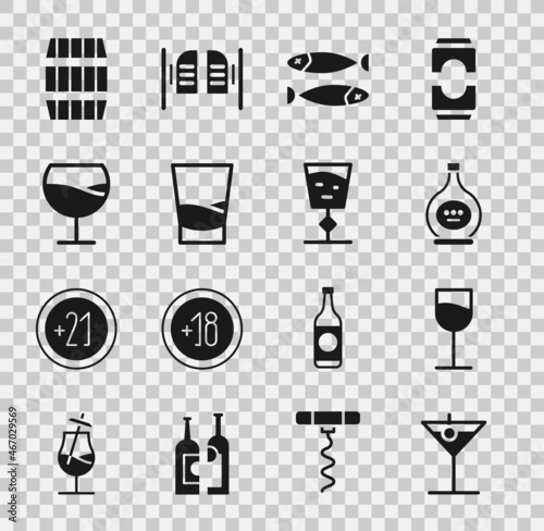 Set Martini glass, Wine, Bottle of cognac or brandy, Dried fish, Glass vodka, Wooden barrel and icon. Vector