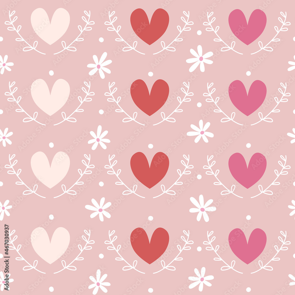 Cute lovely sweet seamless vector pattern background illustration with colorful flowers, hearts  and branches