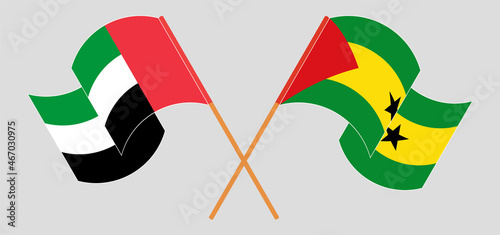 Crossed flags of the United Arab Emirates and Sao Tome and Principe. Official colors. Correct proportion