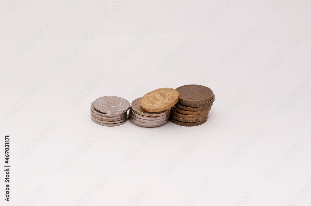 Russian coins in stacks on a white background Russian coins in stacks on a white background
