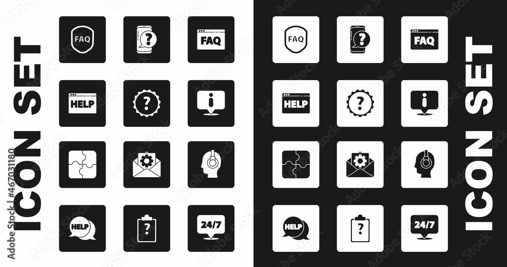 Set Browser FAQ, Question mark, help, Shield with text, Information, Mobile phone question, Support operator in touch and Piece of puzzle icon. Vector Set Browser FAQ, Question mark, help, Shield with text, Information, Mobile phone question, Support operator in touch and Piece of puzzle icon. Vector