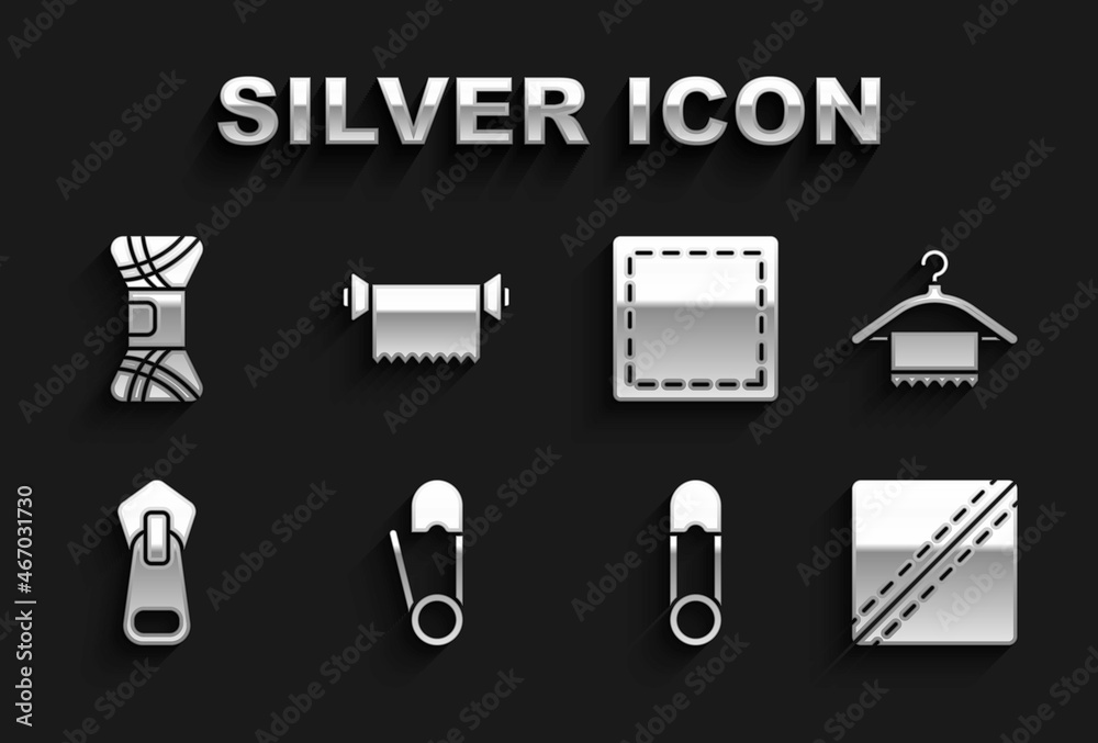 Set Safety pin, Hanger wardrobe, Sewing Pattern, Zipper, Yarn and Textile fabric roll icon. Vector Set Safety pin, Hanger wardrobe, Sewing Pattern, Zipper, Yarn and Textile fabric roll icon. Vector