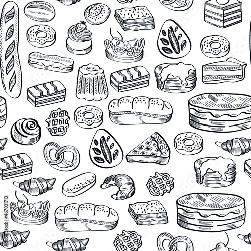 Sweets, bread, bakery, cake vector outline hand drawn vector seamless pattern isoalted on brignt background. Concept for print, menu, cards