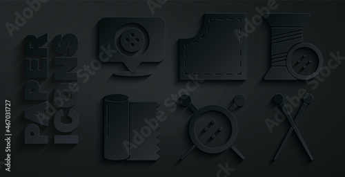 Set Sewing button and knitting needles, thread, Textile fabric roll, Knitting, Pattern and Location tailor shop icon. Vector