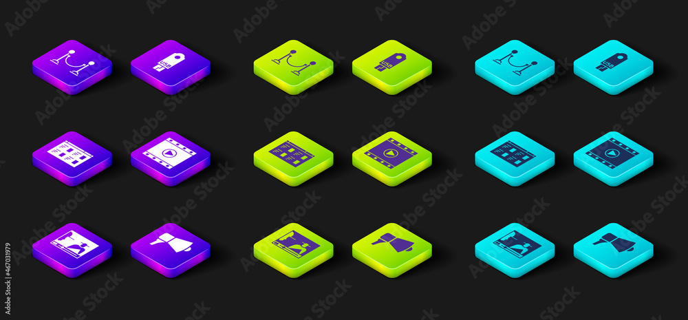 Set Online play video, Megaphone, Play Video, USB flash drive and Rope barrier icon. Vector Set Online play video, Megaphone, Play Video, USB flash drive and Rope barrier icon. Vector