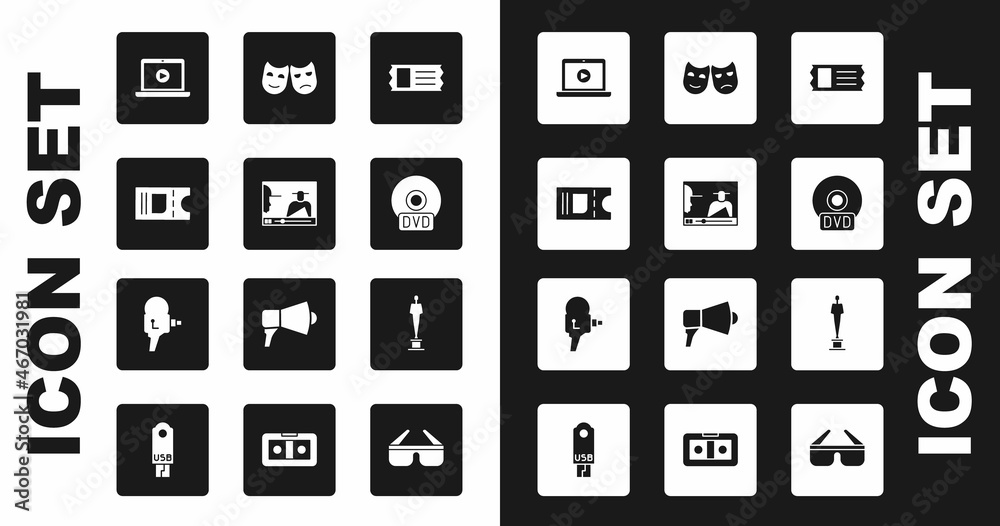 Set Cinema ticket, Online play video, CD or DVD disk, Comedy and tragedy masks, Movie trophy and Retro cinema camera icon. Vector Set Cinema ticket, Online play video, CD or DVD disk, Comedy and tragedy masks, Movie trophy and Retro cinema camera icon. Vector