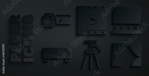 Set Tripod, Cinema auditorium with screen, Movie, film, media projector, Curtain, Play Video and camera icon. Vector