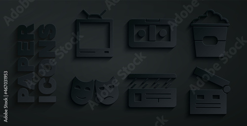 Set Movie clapper, Popcorn in box, Comedy and tragedy masks, VHS video cassette tape and Retro tv icon. Vector