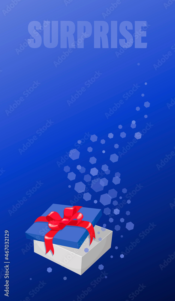 Gift. Present box. Surprise. Festive packaging with bow and red ribbon. Blue background, poster Gift. Present box. Surprise. Festive packaging with bow and red ribbon. Blue background, poster