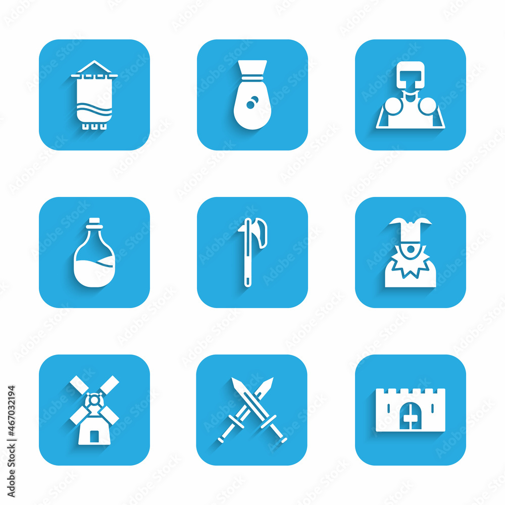 Set Medieval axe, Crossed medieval sword, castle gate, Joker head, Windmill, Old bottle of wine, knight and flag icon. Vector Set Medieval axe, Crossed medieval sword, castle gate, Joker head, Windmill, Old bottle of wine, knight and flag icon. Vector