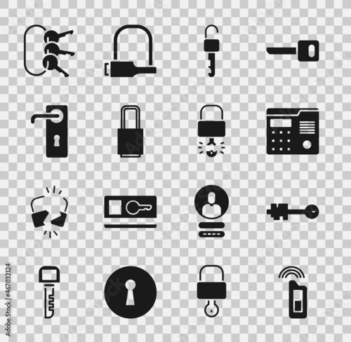 Set Car key with remote, Old, House intercom system, Unlocked, Lock, Door handle, Bunch of keys and Key broke inside padlock icon. Vector