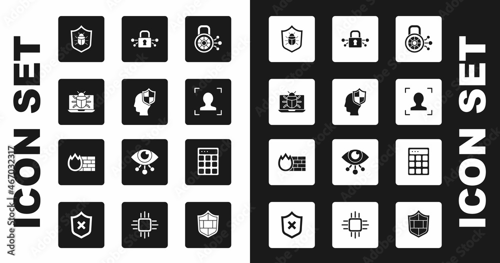 Set Cyber security, Head with shield, System bug on monitor, Face recognition, Password protection and Firewall, wall icon. Vector Set Cyber security, Head with shield, System bug on monitor, Face recognition, Password protection and Firewall, wall icon. Vector