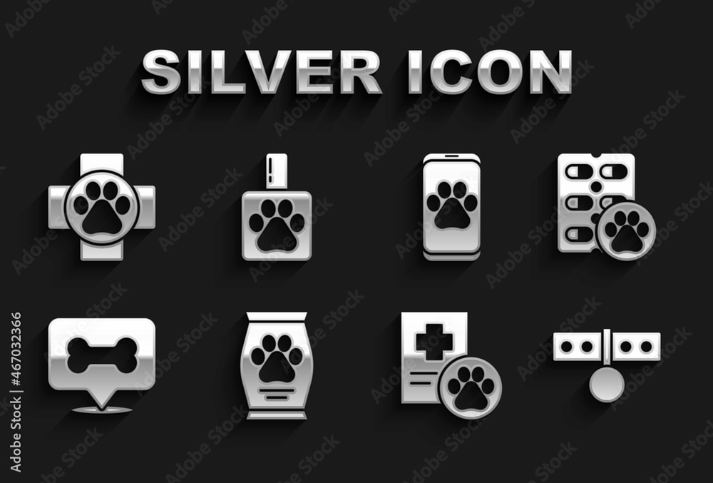 Set Bag of food, Dog pill, Collar with name tag, Clinical record pet, bone, Veterinary clinic, and Pet shampoo icon. Vector Set Bag of food, Dog pill, Collar with name tag, Clinical record pet, bone, Veterinary clinic, and Pet shampoo icon. Vector