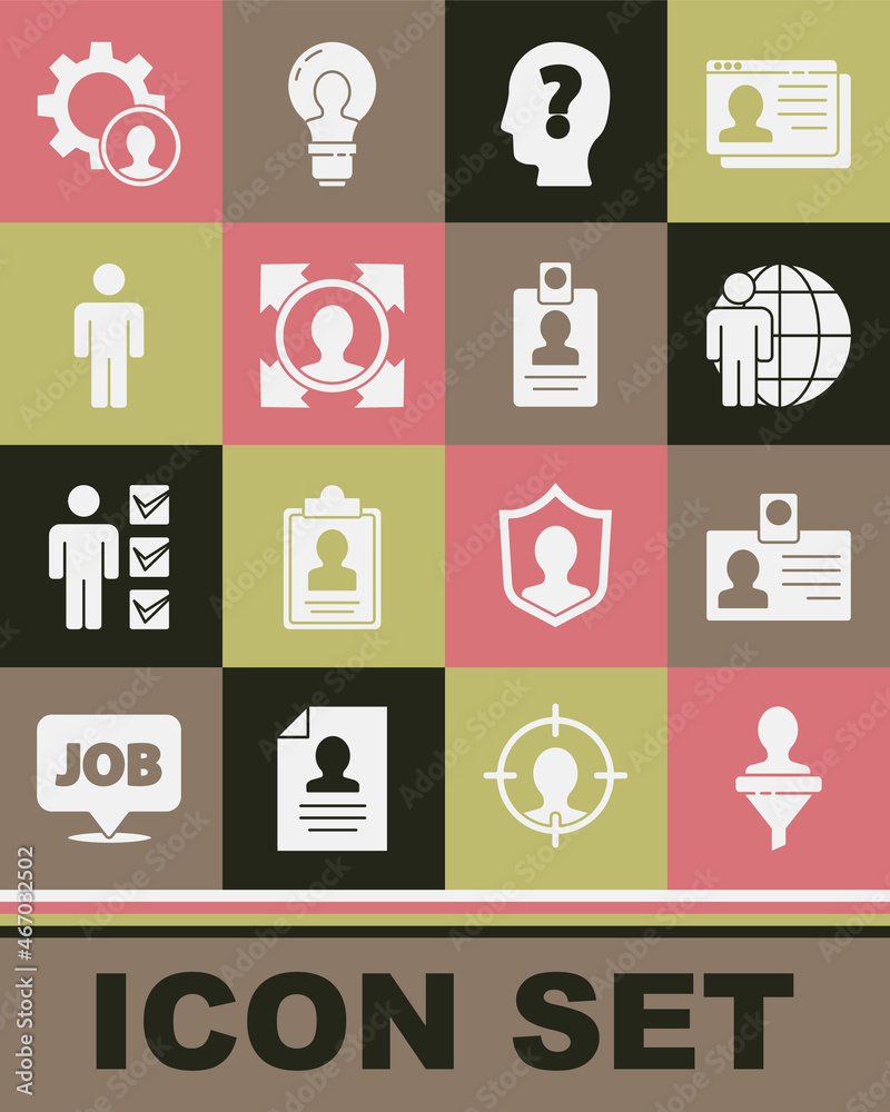 Set Head hunting, Identification badge, with question mark, User of man, and icon. Vector Set Head hunting, Identification badge, with question mark, User of man, and icon. Vector