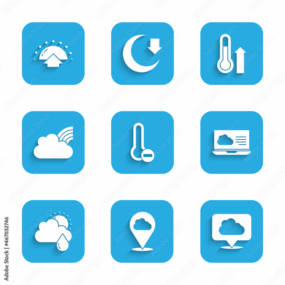 Set Meteorology thermometer, Location cloud, Weather forecast, Cloud with rain and sun, Rainbow clouds, and Sunrise icon. Vector Set Meteorology thermometer, Location cloud, Weather forecast, Cloud with rain and sun, Rainbow clouds, and Sunrise icon. Vector