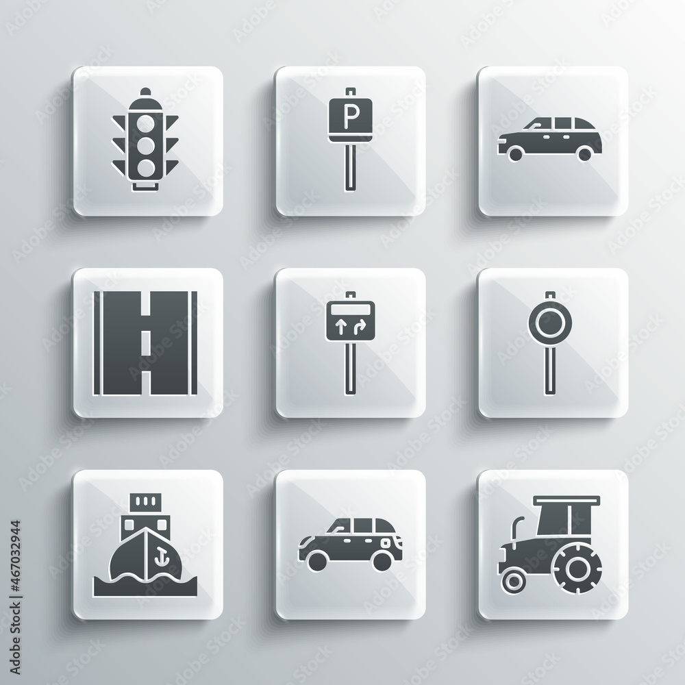Set Hatchback car, Tractor, Road traffic signpost, Cargo ship, Traffic light and icon. Vector Set Hatchback car, Tractor, Road traffic signpost, Cargo ship, Traffic light and icon. Vector