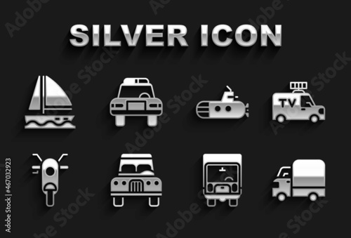 Set Car, TV News car, Delivery cargo truck, Scooter, Submarine, Yacht sailboat and Police and flasher icon. Vector