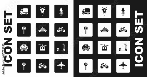 Set Rocket ship with fire, Taxi car, Parking, Delivery cargo truck, Bicycle, Scooter, and Car icon. Vector